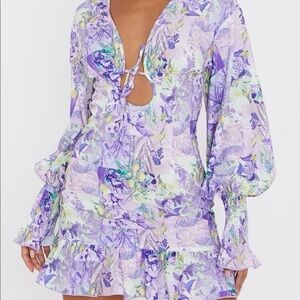 PLT blue floral tie front detail frill hem shift dress